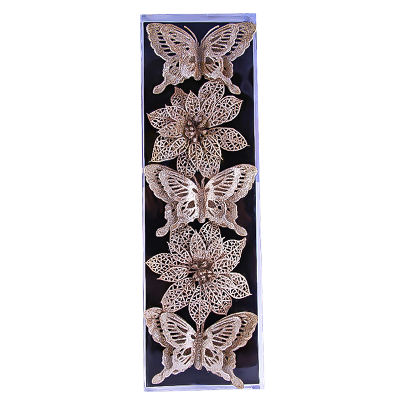 Ամանորյա դեկորատիվ զարդարանքի հավաքածու ծաղիկ/թիթեռ AG241-41-67 գունավոր 5 հատ