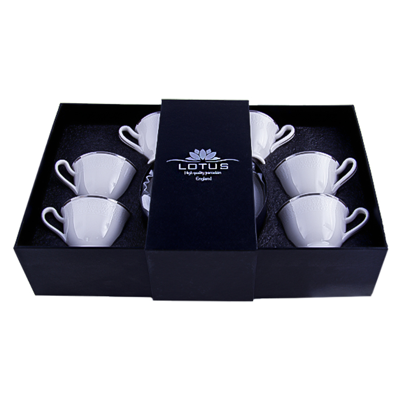 Սուրճի բաժակների հավաքածու Lotus W220120-3 Jasmine սպիտակ կերամիկա արծաթագույն եզրագծով 100մլ 6 հատ 2