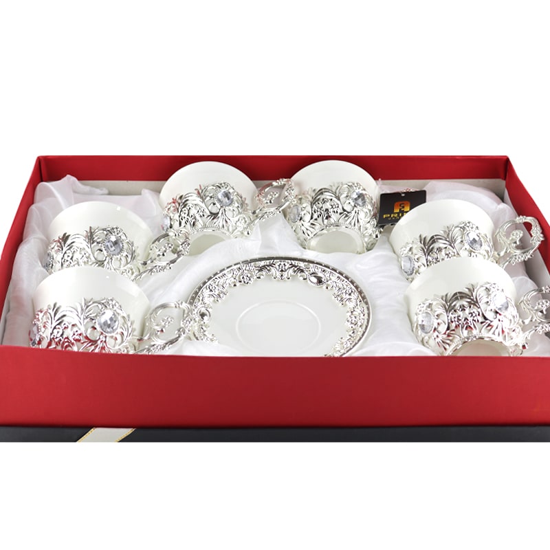 Թեյի բաժակ FRS111 սպիտակ կերամիկա արծաթագույն մելխիորից ծաղիկներով 6 հատ 2