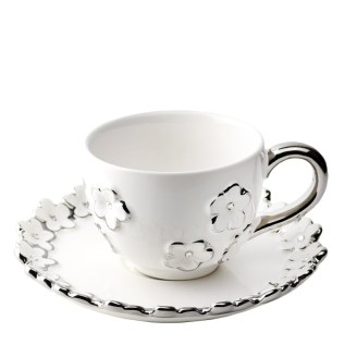 Թեյի բաժակ 11945 Tea Cup կերամիկա սպիտակ արծաթագույն ծաղիկներով 1